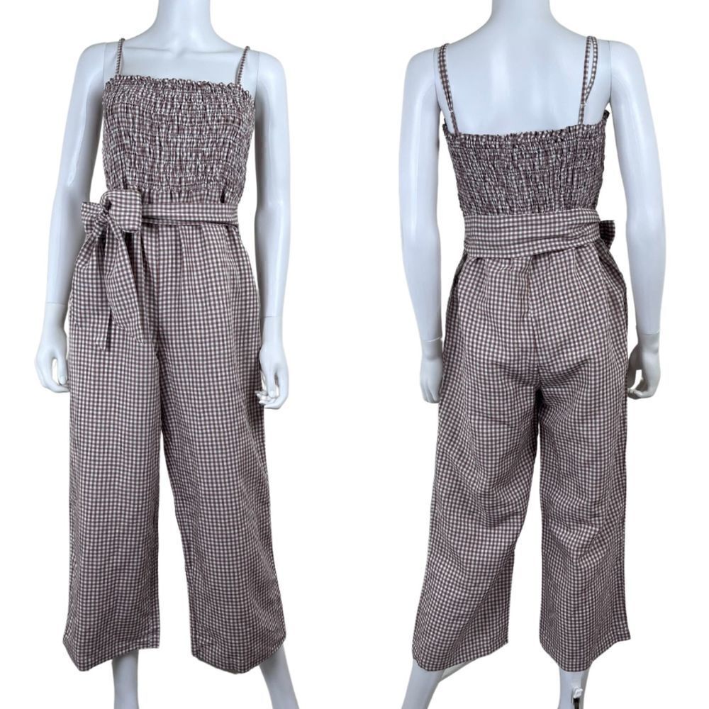 House of Harlow 1960 Women Size M Linen Gingham Smocked Wide Leg NEW Jumpsuit